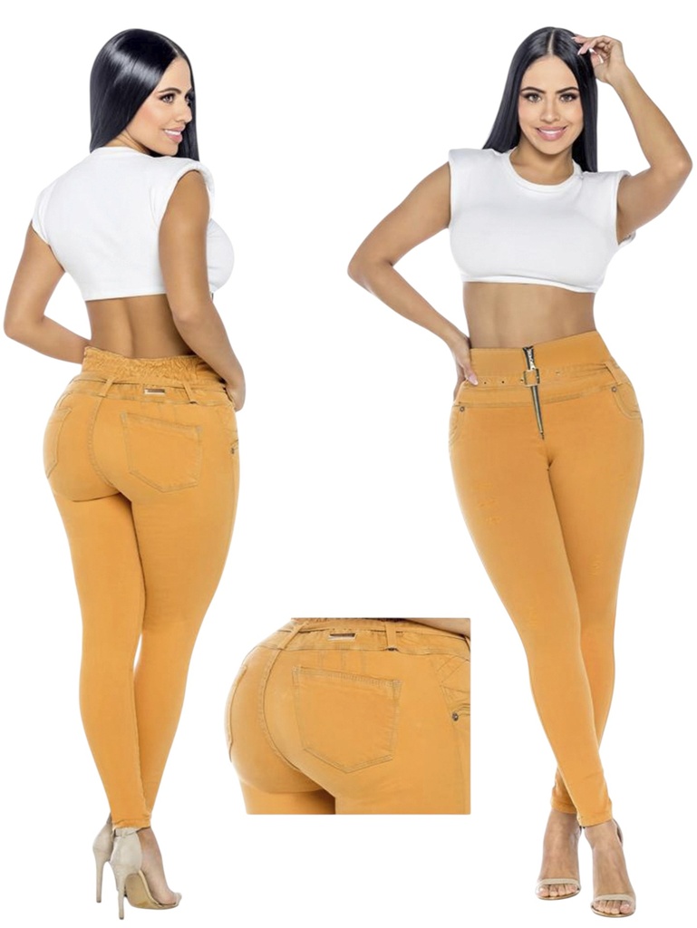 Jeans Levantacola Ajustados Mostaza para Mujer 2586