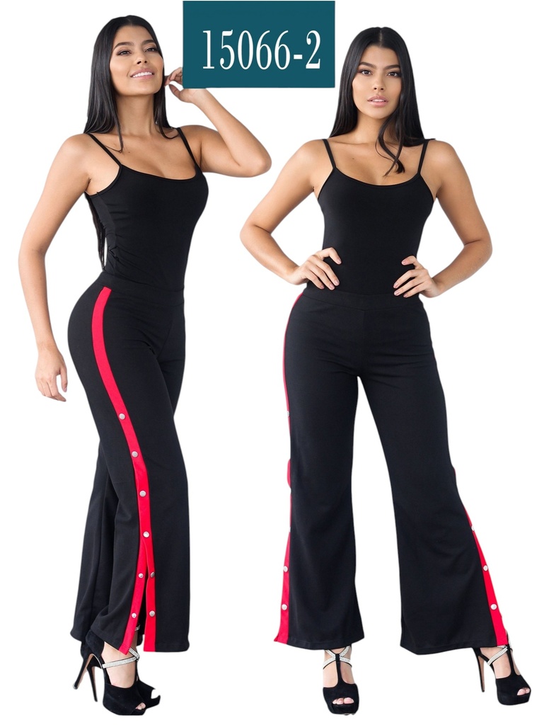 Pantalón Acampanados Tiro Alto Negro con Botones Rojos Laterales para Mujer 15066-2