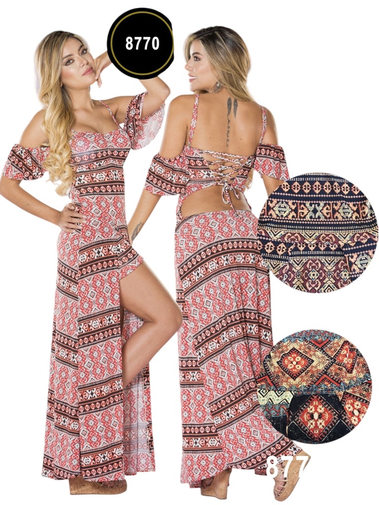[11387702YB01 ] Vestido Largo con Abertura Efecto Conjunto Estampado Boho Rosa para Mujer 8770-16 (1)