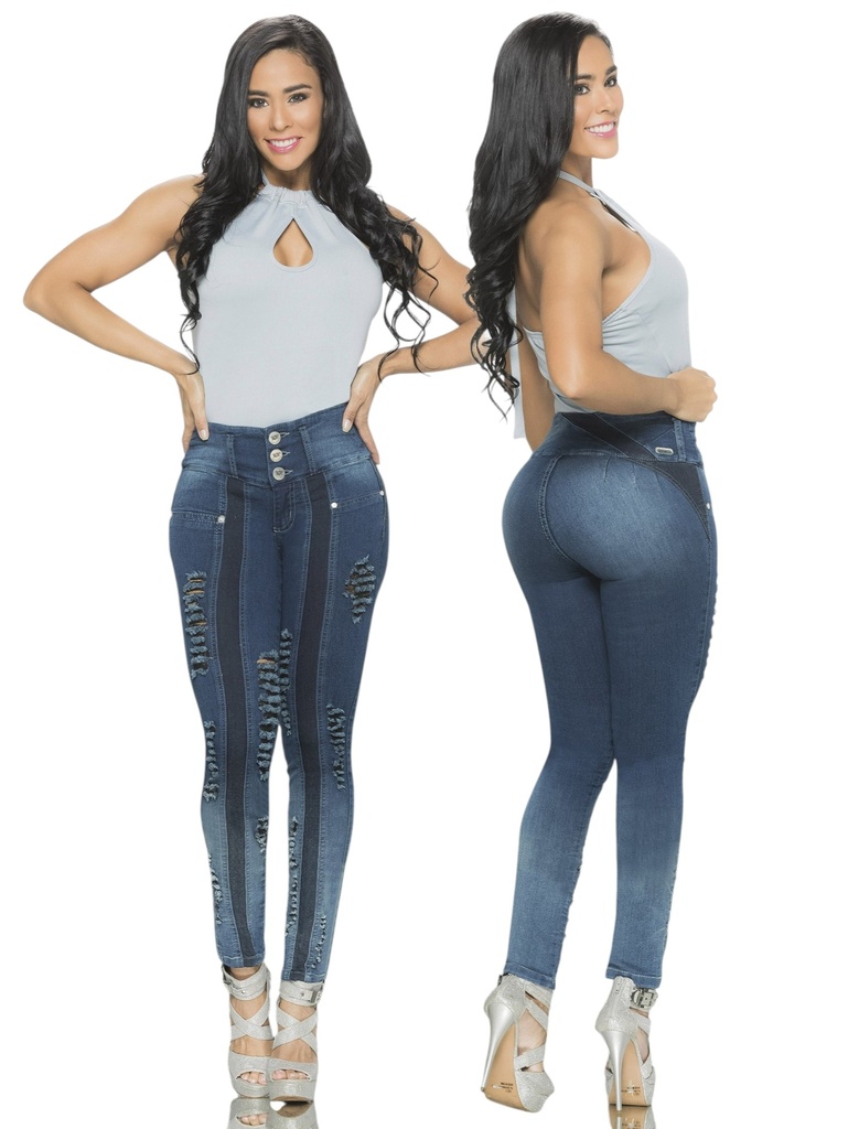Jeans Levantacola Rotos Ajustados Lavado Oscuro para Mujer 8794TW