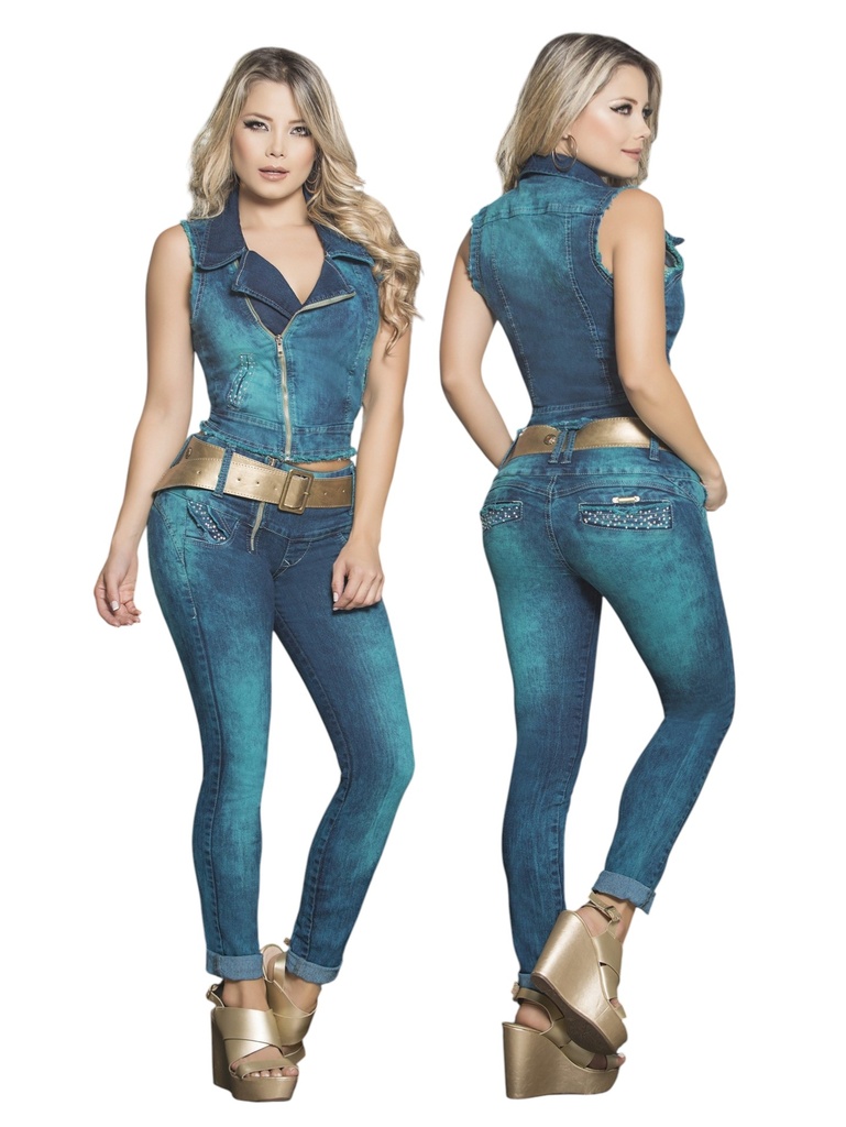 [000124095701] Women's Teal Denim Vest & Jeans Two-Piece Set AG00857 (1)