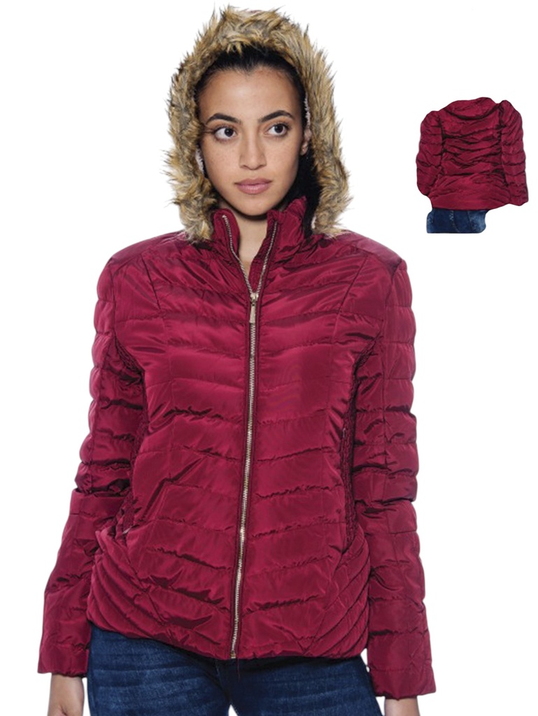 Chaqueta Acolchada con Capucha de Pelo Vinotinto para Mujer 17021A-R