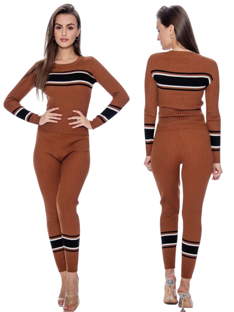 [2007036CL] Conjunto de 2 Piezas Suéter y Leggings Tejido Café con Rayas para Mujer 7036-C (L)