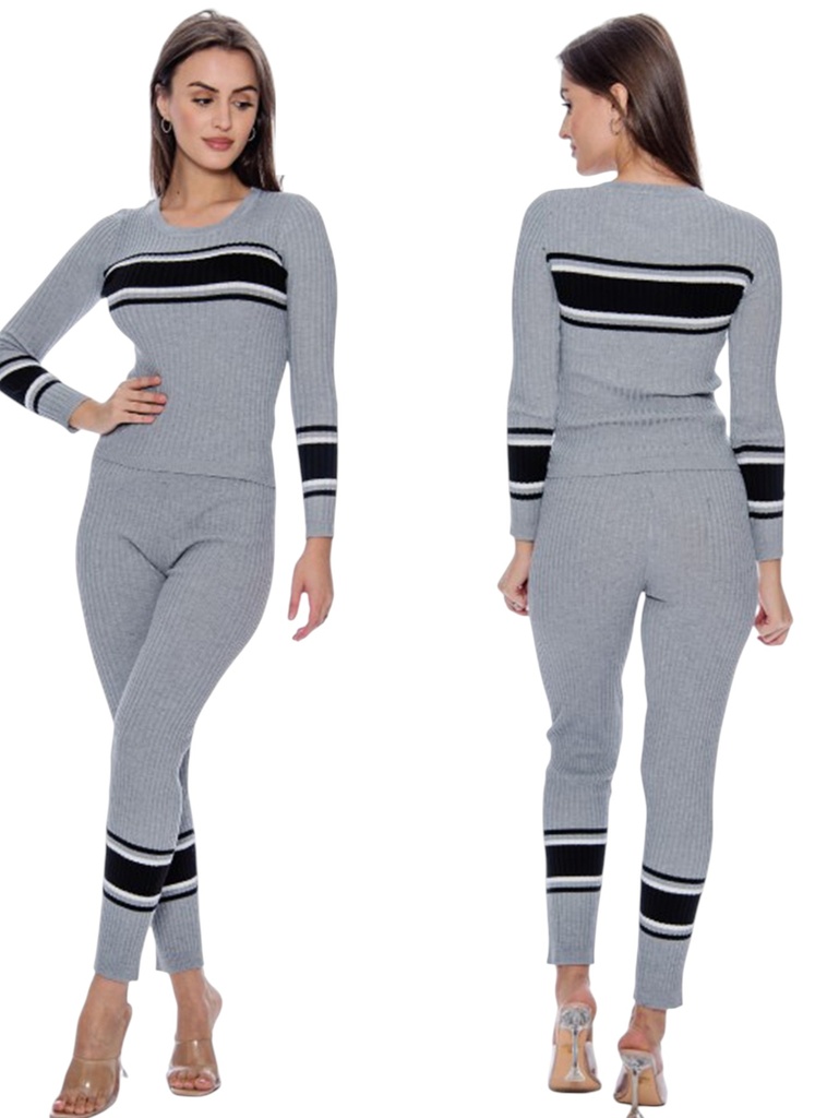 [2007036GNM] Conjunto de 2 Piezas Suéter y Leggings Tejido Gris con Rayas para Mujer 7036-GN (M)