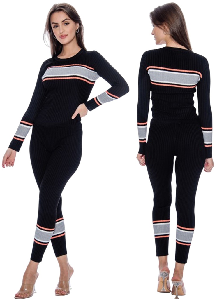 [2007036NNL] Women's Black Striped Knit Sweater & Leggings Two-Piece Set 7036-NN (L)