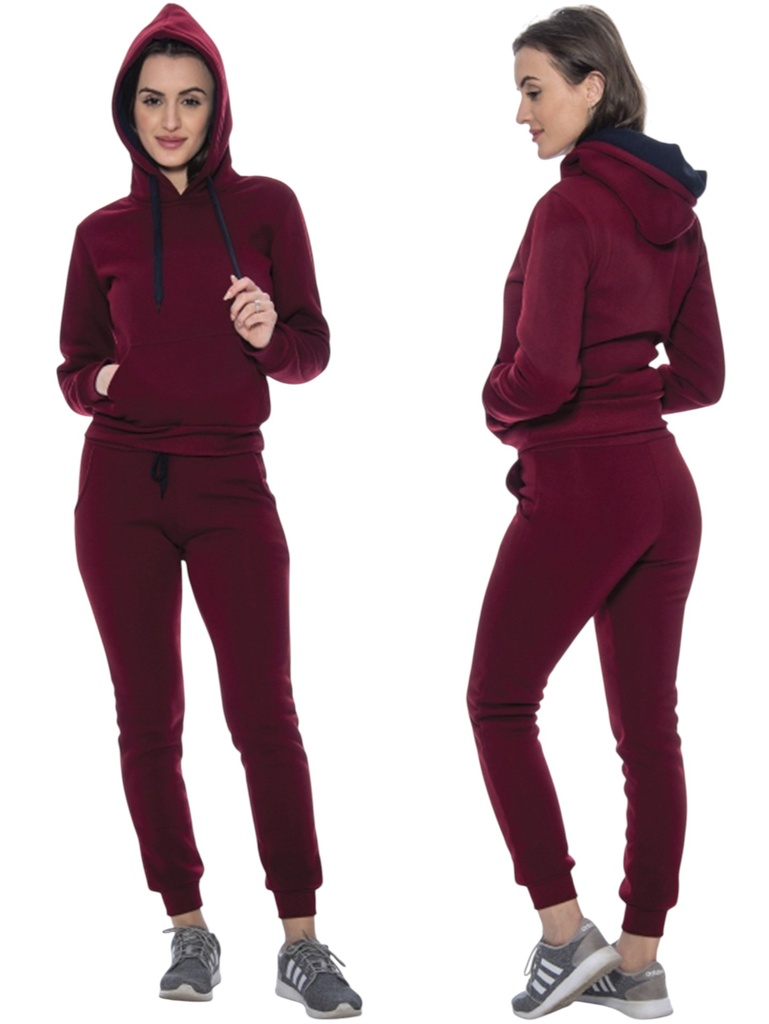Conjunto Deportivo Sudadera con Capucha y Jogger Vino Tinto y Azul Marino para Mujer Doris-12 Burgundy