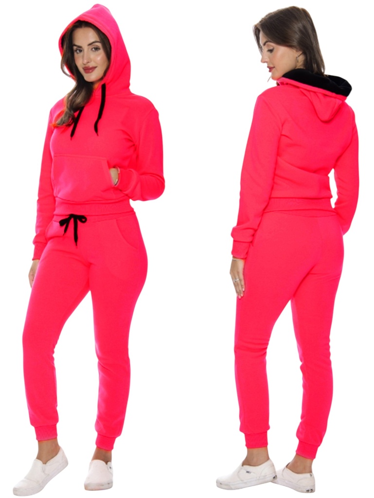 [200DORIS12PS] Women's Neon Pink & Black Hoodie & Joggers Activewear Set Doris-12 Neon (S)