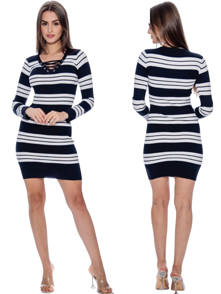Vestido Ajustado de Punto a Rayas Rayas Azul Marino y Blanco para Mujer 4881 AOS