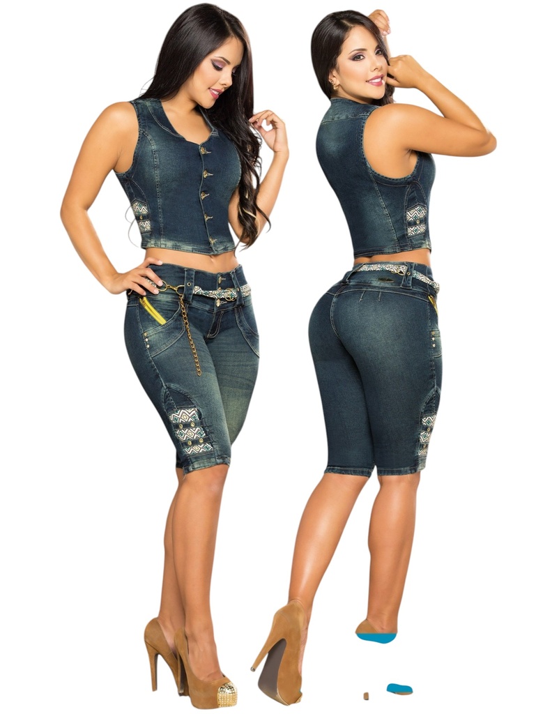 [00023211457AZ01] Conjunto de 2 Piezas Chaleco y Bermuda Mezclilla Oscura Desgastada para Mujer 11457AZ (1)