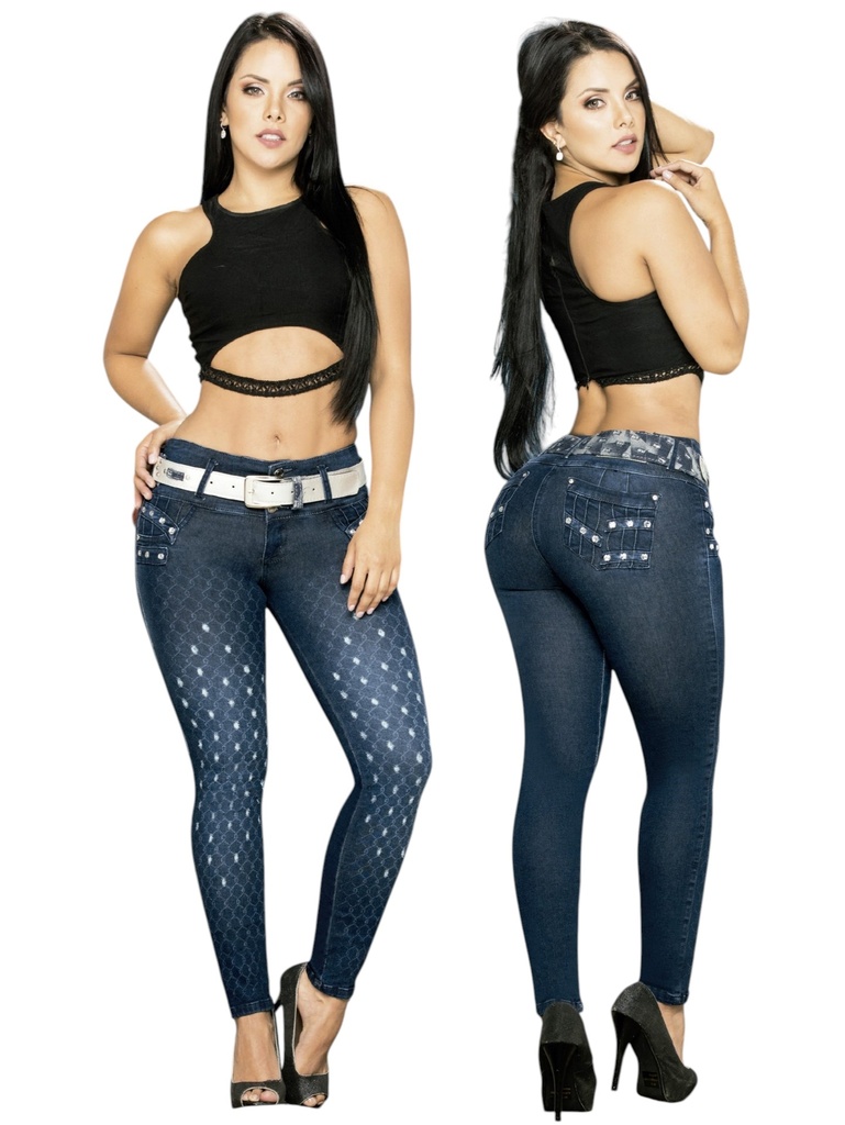 [00023212744AZ01] Jeans Levantacola Ajustados con Taches Lavado Oscuro para Mujer 12744AZ (1)