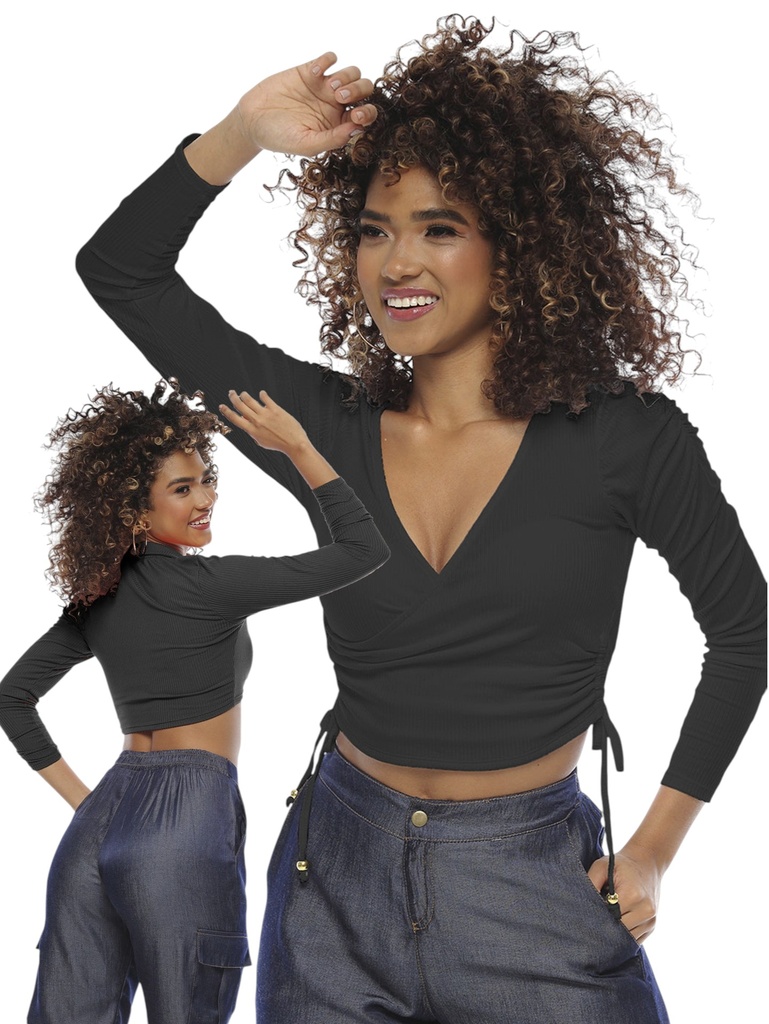 Crop Top Cruzado Manga Larga Negro para Mujer 5395-2