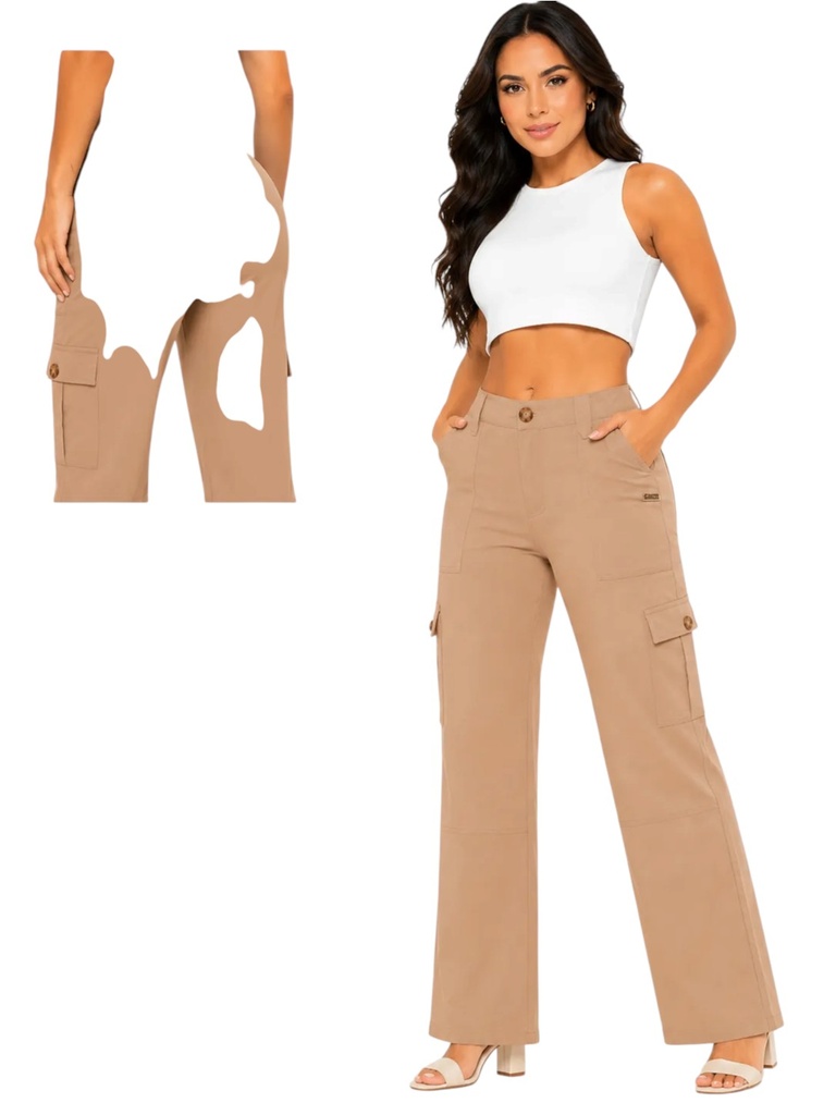 [24860515S] Pantalón Cargo Pierna Ancha Beige para Mujer 60515 (S)