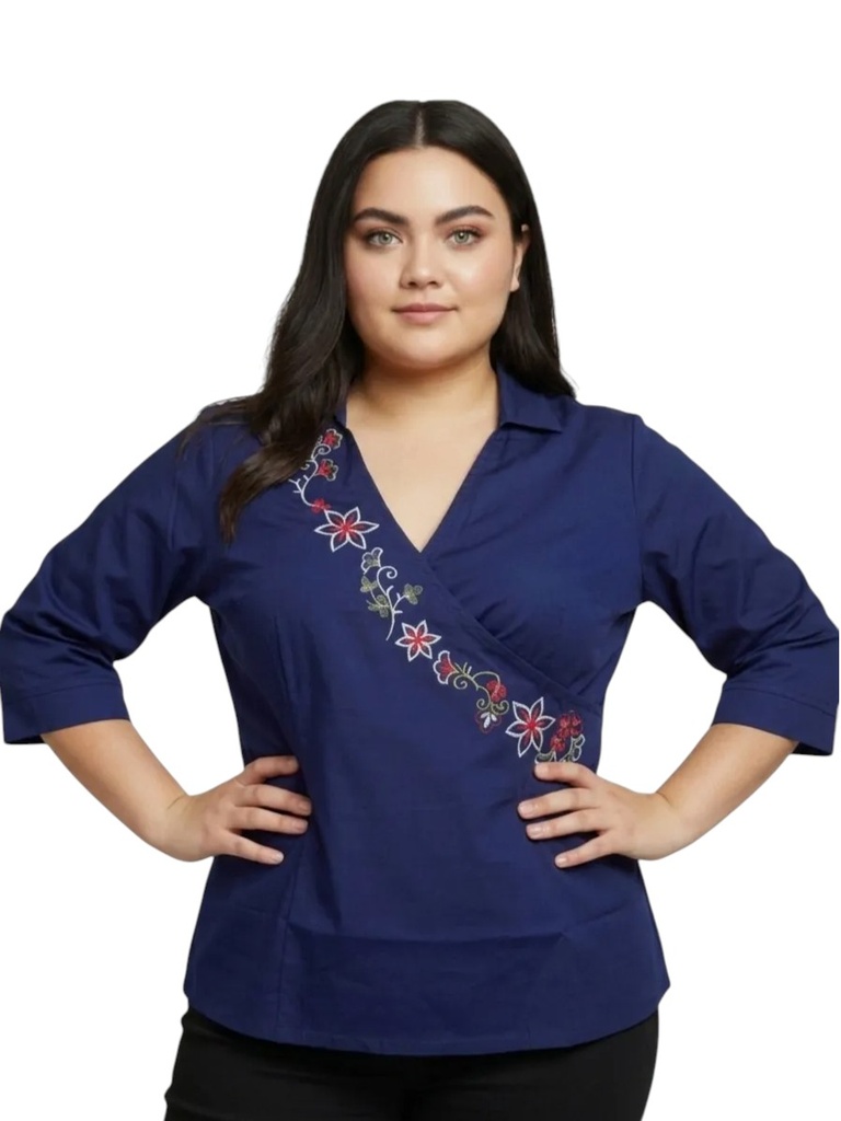[25063555B14] Women's Navy Plus Size Embroidered Wrap Blouse 6355-5B (L)