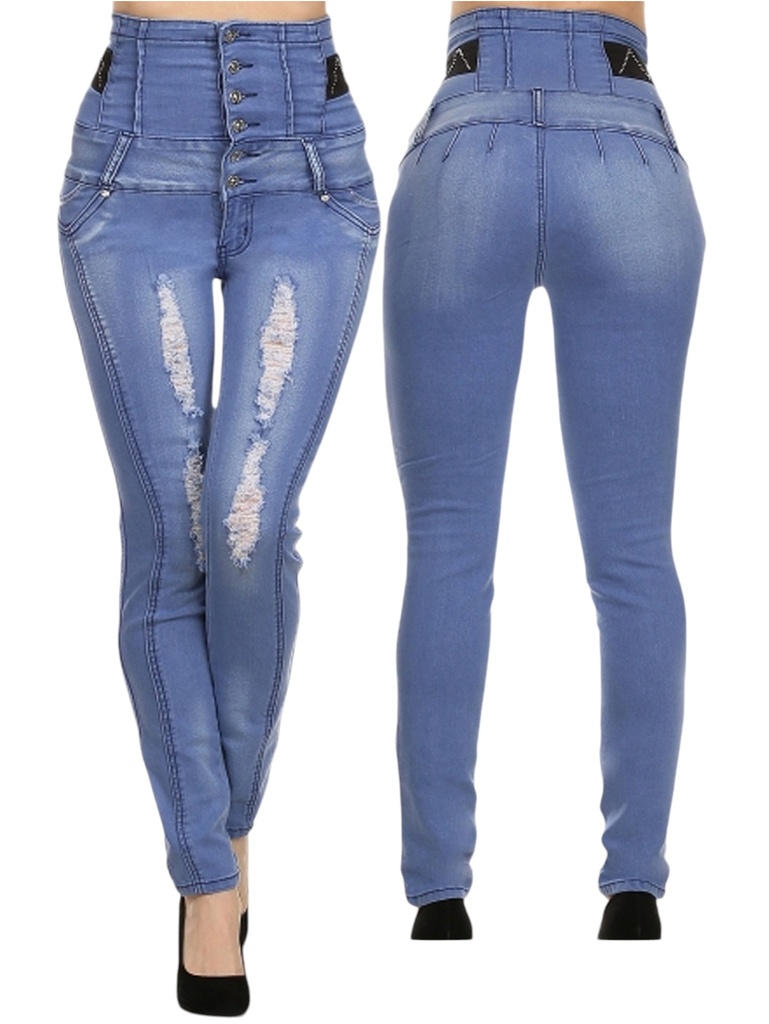 [1081758hw09] Women's Medium Wash Distressed Corset High Waist Butt Lift Jeans DJ-1758