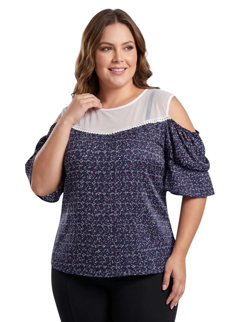[25063975B14] Women's Navy Print Plus Size Cold-Shoulder Blouse 6397-5 (L)
