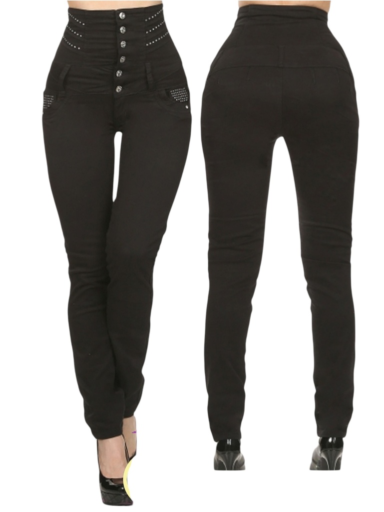 [1081759BK01] Jeans Tiro Alto Corsé Levantacola Negro para Mujer DJ-1759