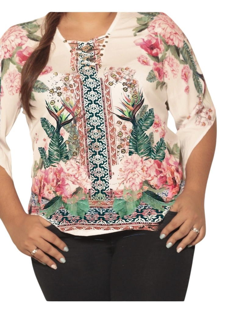 [25237748VKL] Women's Pink Floral Lace-Up Front Blouse 3774-5VK Style C (L)