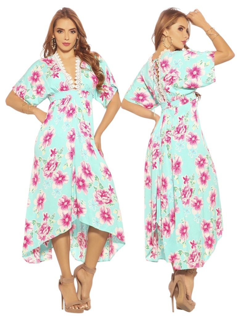 [25245675S] Vestido Asimétrico Floral Floral Menta para Mujer 4567-5 (S)