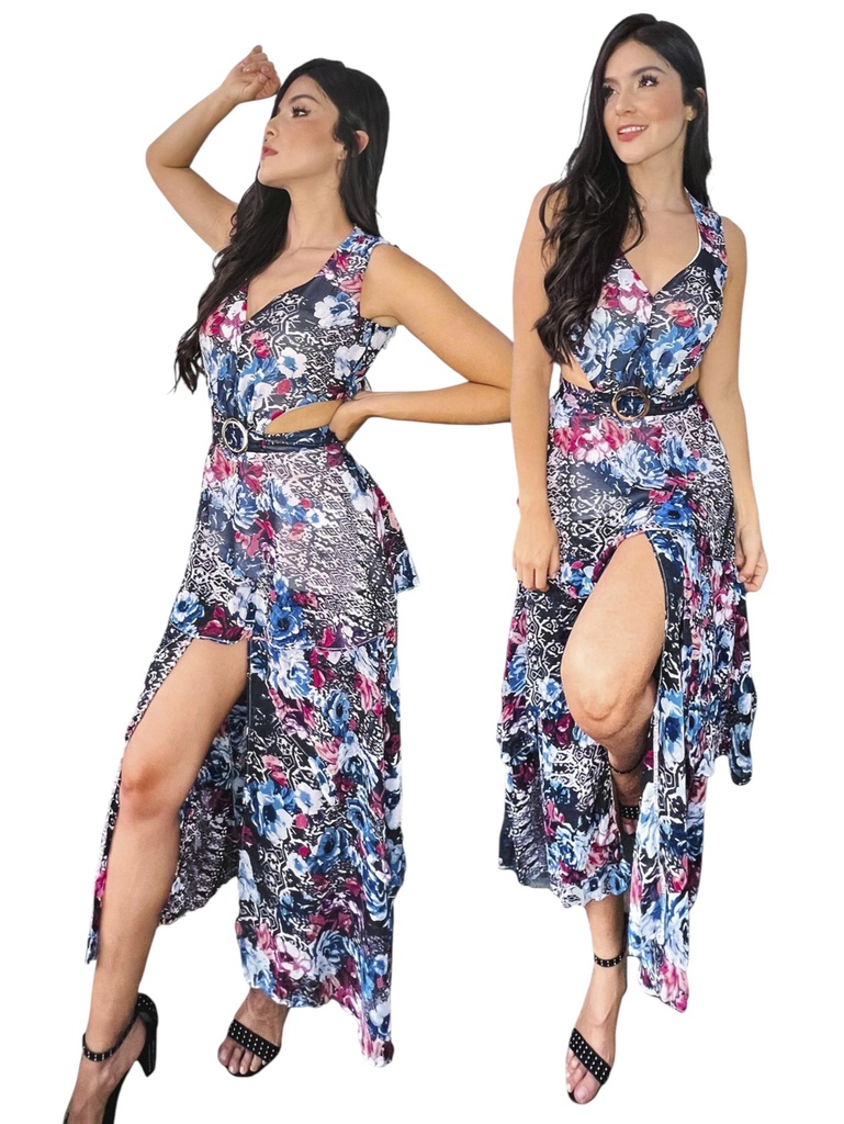 [25257335S] Women's Floral Blue Pink Slit Maxi Set Look Dress 5733-5 (S)