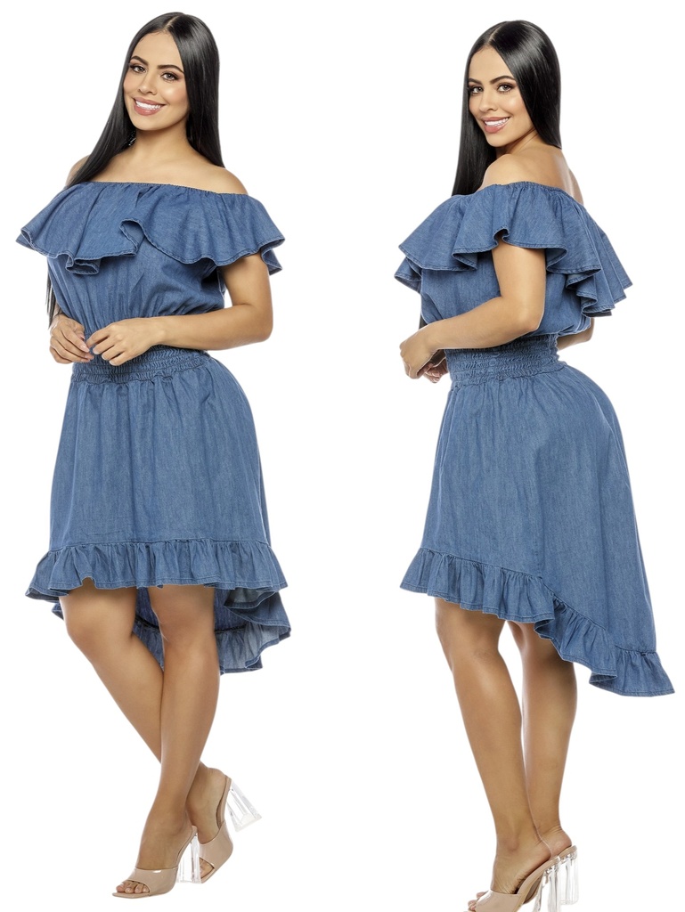 [2616016RS] Vestido Asimétrico con Volantes Azul Mezclilla para Mujer 6016 (S)