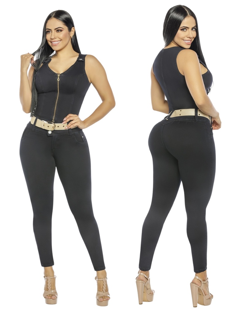 [2619199R03] Women's Black Sleeveless Zip Front Butt Lift Jumpsuit 9199 (3)