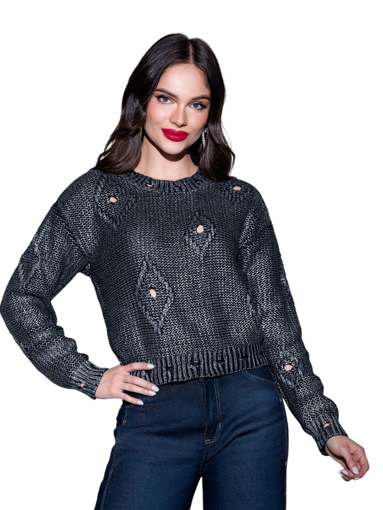 [287V029S/M] Women's Charcoal Cable Knit Crop Desgastado Sweater Distressed Crop (S/M)