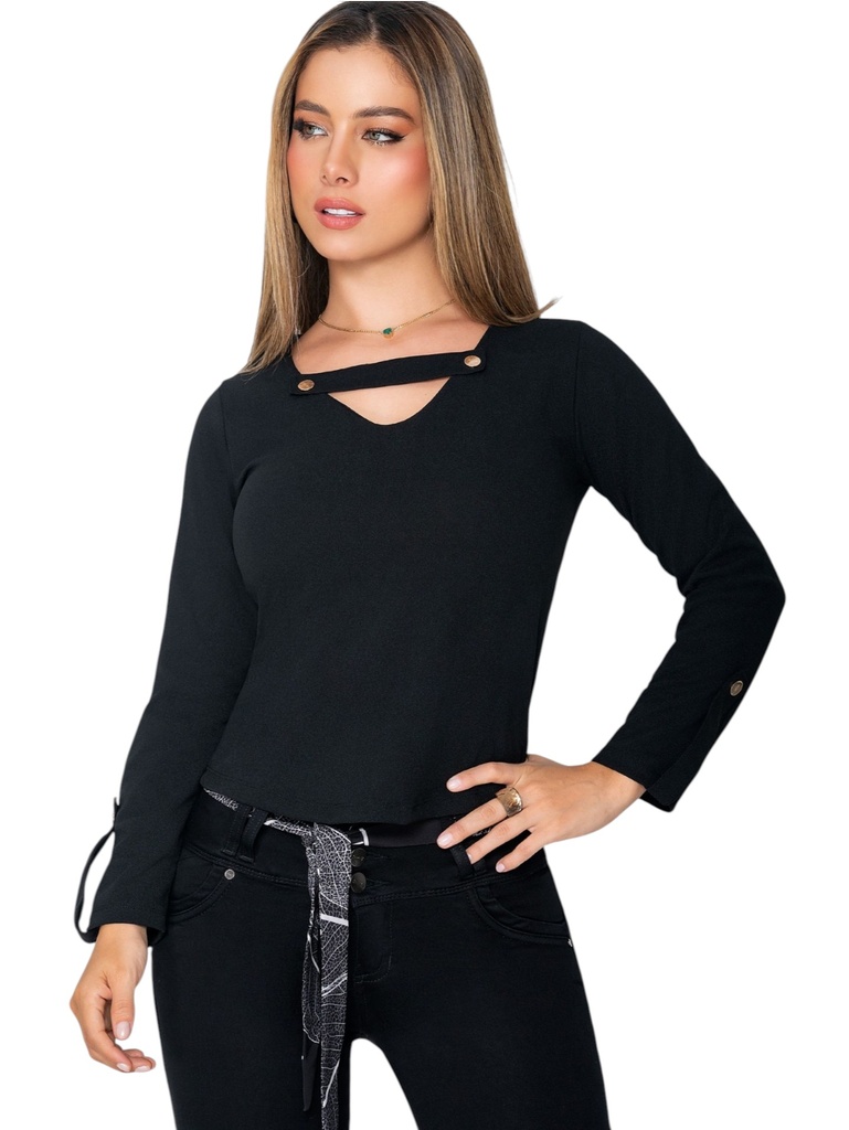 Blusa Manga Larga con Abertura en el Cuello Negro para Mujer Y108