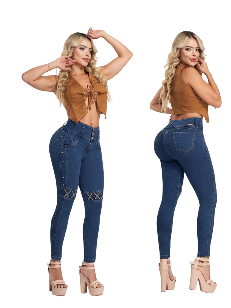 Jeans Tiro Alto Levantacola Ajustados Azul Oscuro para Mujer Silvania