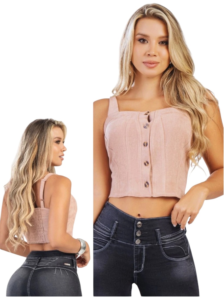 Crop Top Abotonado Frontal Rosa Pálido para Mujer B075