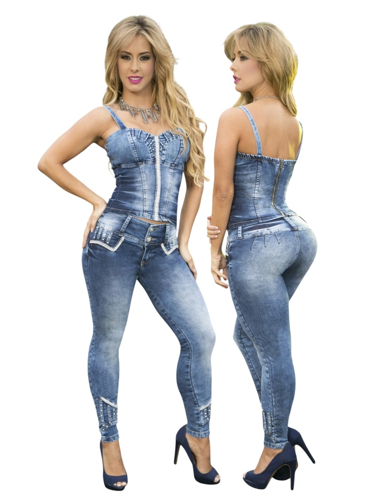 [1137416509] Conjunto de 2 Piezas Chaleco Corsé y Jeans Mezclilla Clara para Mujer 74165