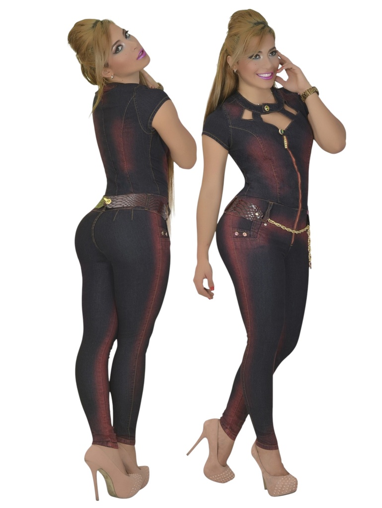 Enterizo Manga Corta con Escote Abierto Negro y Rojo para Mujer 2053 B