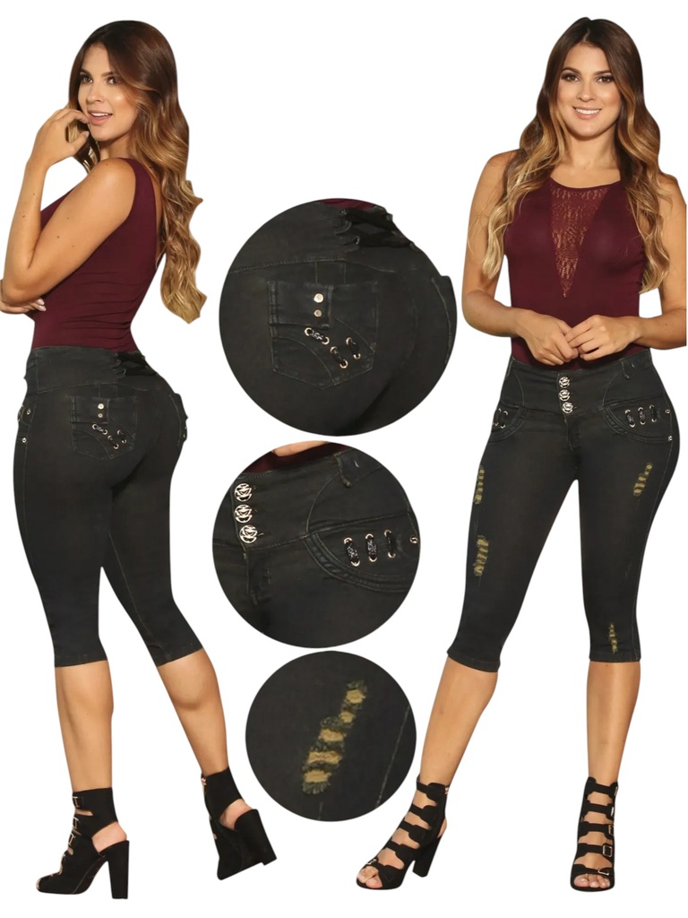 Capri Jean Levantacola Negro con Bolsillos de Botones Dorados – Cokette