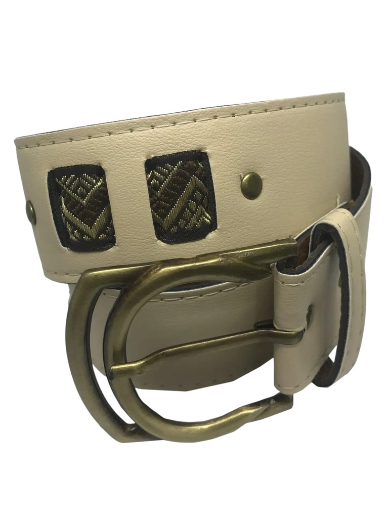 [258c56] Women's Beige Studded Leather Belt with Antique Brass Buckle – C56