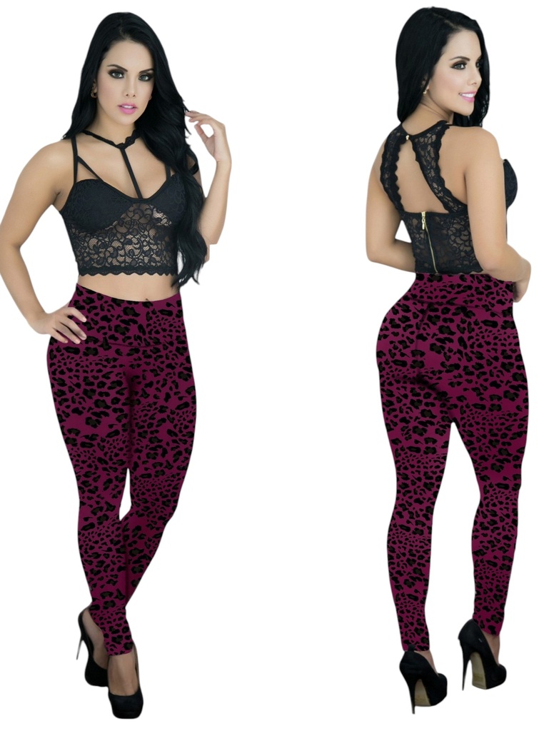[1071038101] Women's Burgundy Leopard Printed High-Waisted Leggings 1038-1