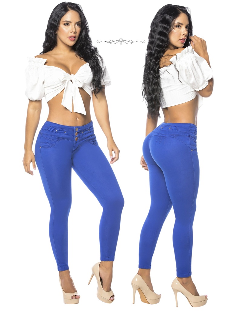 Jeans Levantacola Skinny Azul Rey de Tiro Alto con Botón en la Cintura