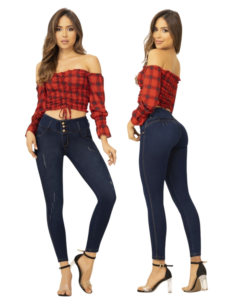 Jeans Levantacola Skinny Azul Marino de Tiro Alto