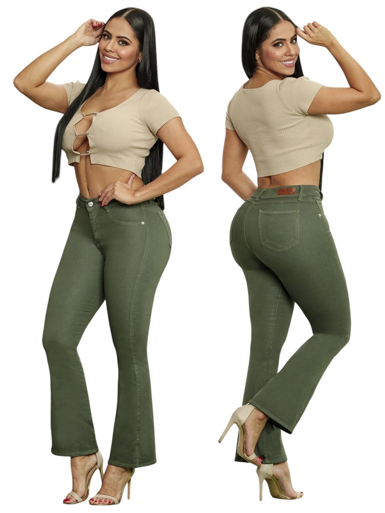 [33370045403] Jeans Flare Levantacola Verde Oliva para Mujer 700454