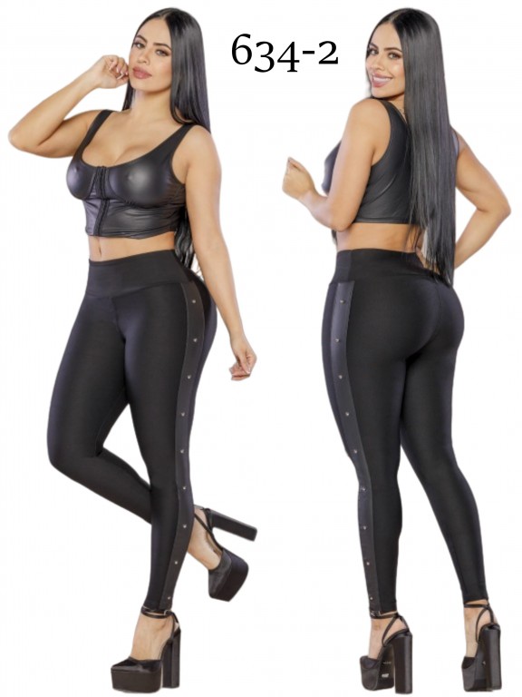 Leggings Panel Lateral Cuero Sintético Negro para Mujer 634-2