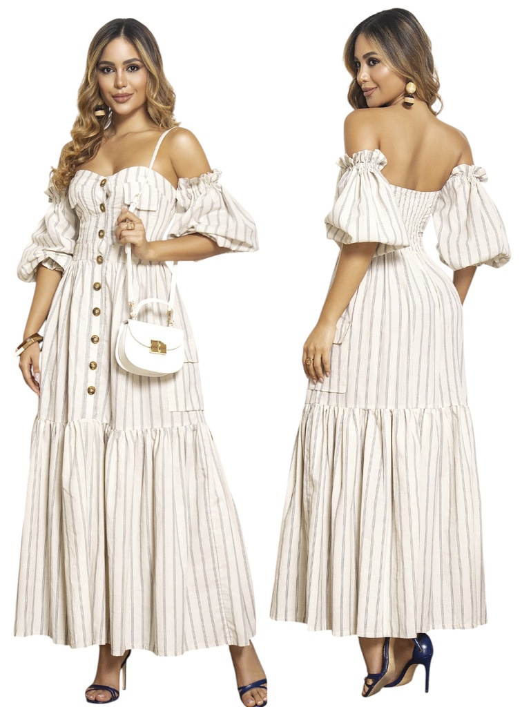 Women's Antique White Striped Boho Maxi Dress with Off-the-Shoulder Ruffled Skirt