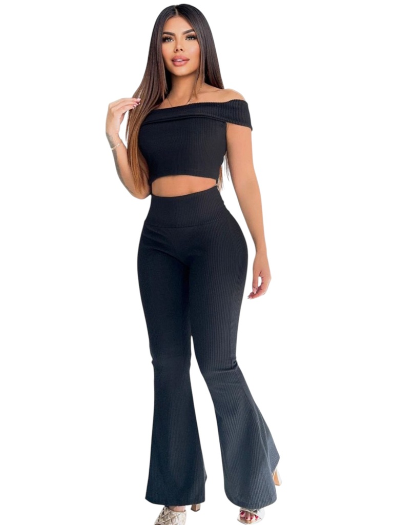 Conjunto de 2 Piezas Top Hombros Descubiertos y Pantalón Campana Negro para Mujer 168-2