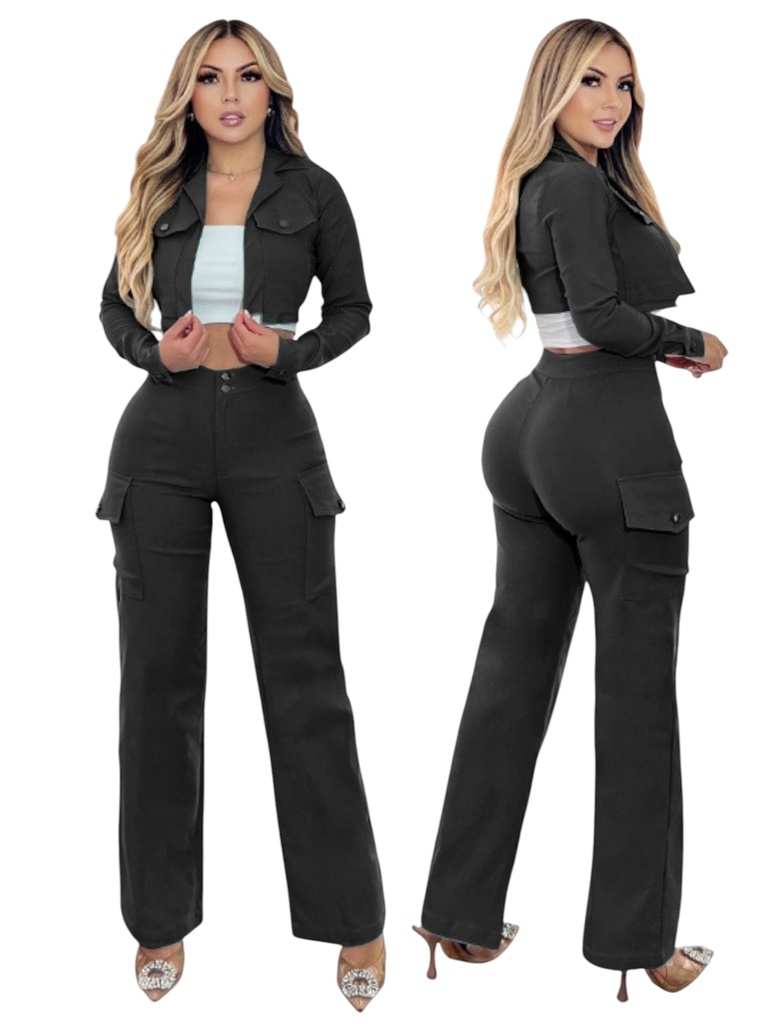 Conjunto de 2 Piezas Chaqueta y Pantalón Cargo Negro para Mujer 223-2