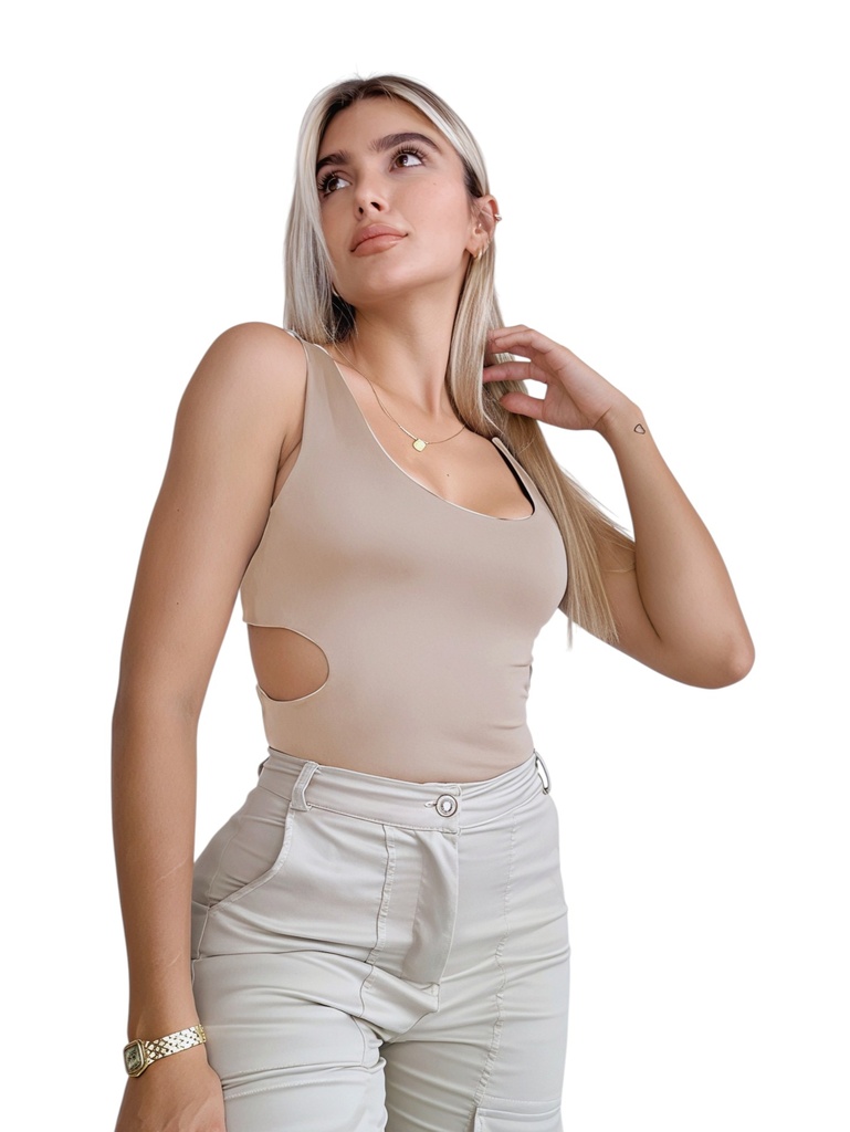 [37723516] Colombian Cutout Bodysuit – Sleeveless Scoop Neck, Beige