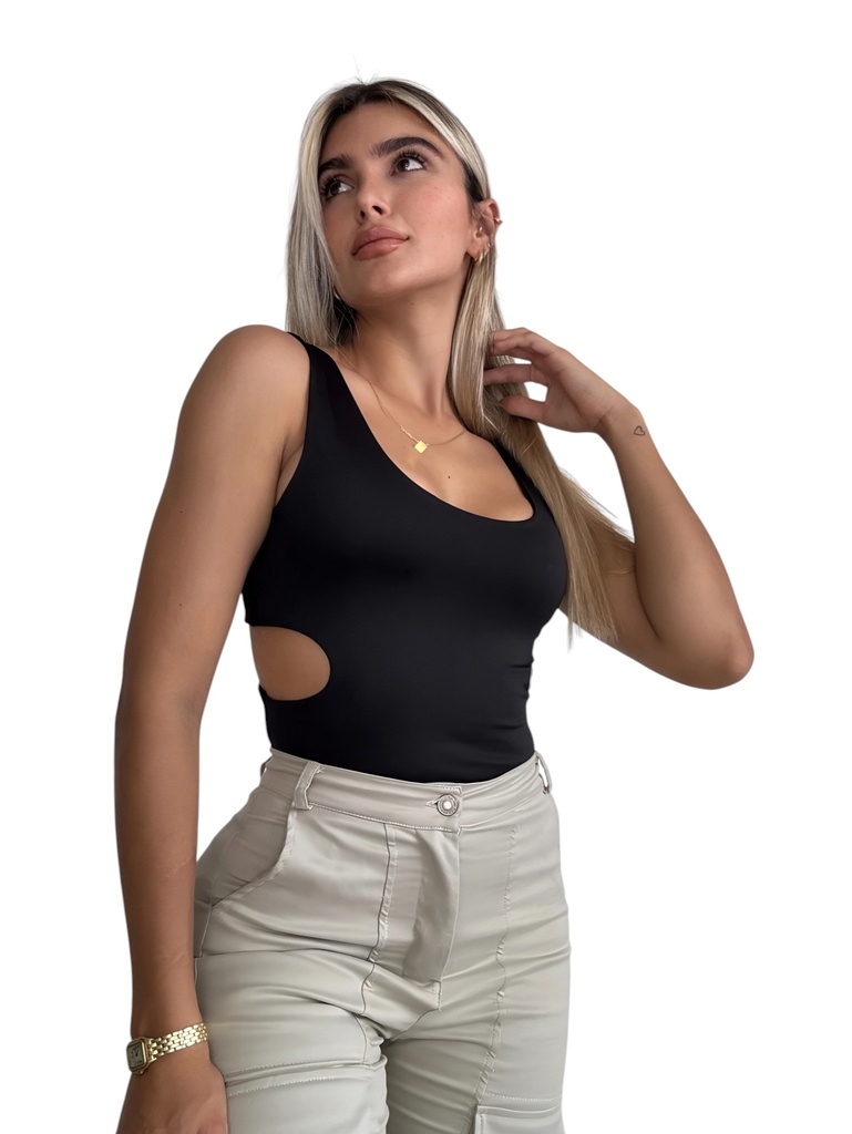 [3772352] Women's Black Side Cutout Sleeveless Bodysuit 235-2