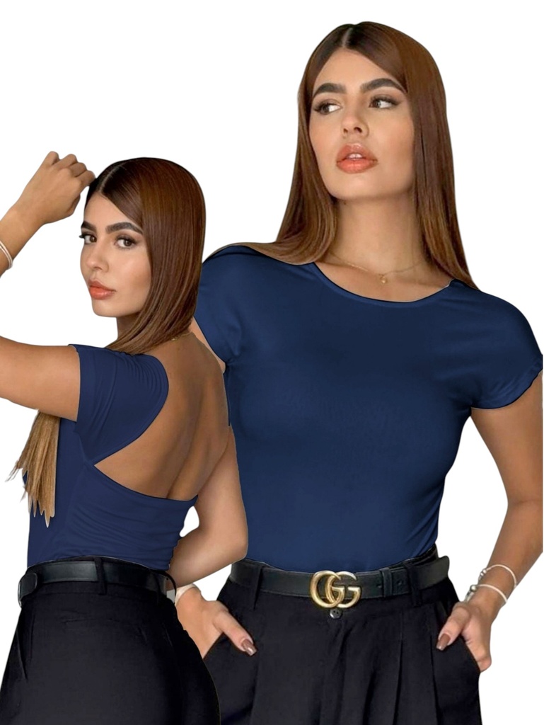 [37724111] Colombian Open Back Bodysuit – Short Sleeve, Navy Blue
