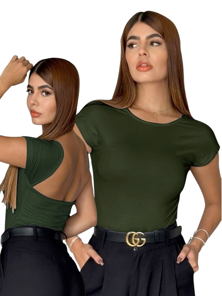 [3772418] Women's Olive Green Short-Sleeve Open-Back Bodysuit 241-8