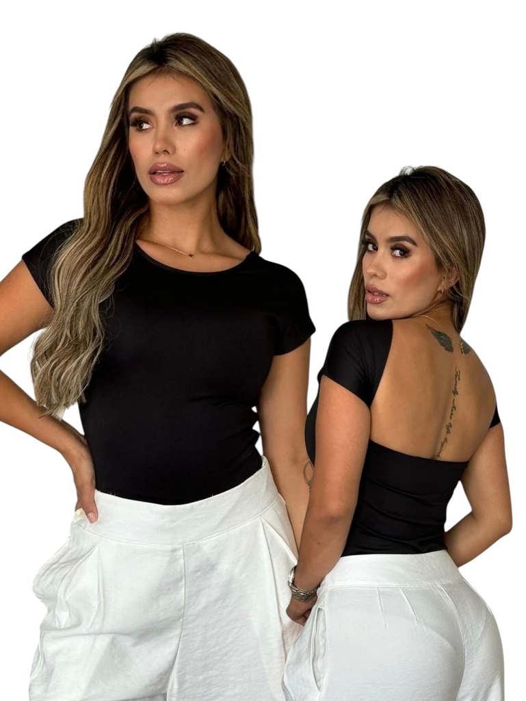 [3772412] Women's Black Short-Sleeve Open-Back Bodysuit 241-2