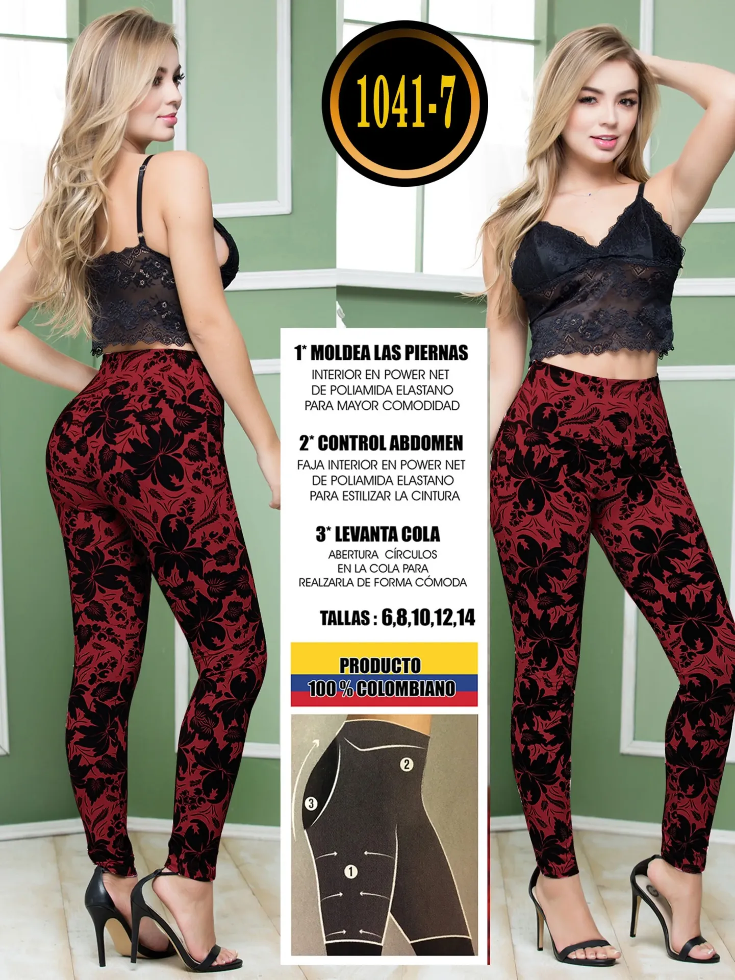Leggins Levantacola de Tiro Alto Estampado Floral Rojo y Negro