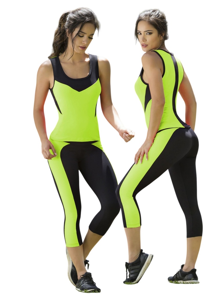 Conjunto Deportivo Thaxx Verde Neón y Negro – Camiseta y Leggings Capri para Mujer