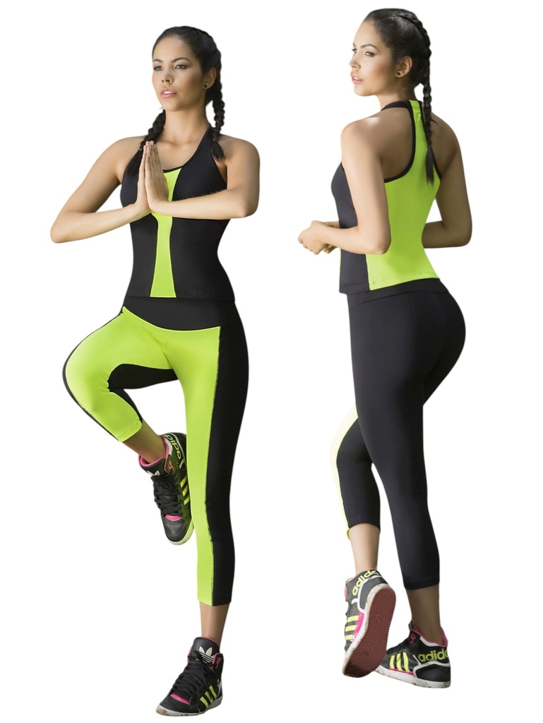 Conjunto Deportivo Thaxx Negro y Verde Limón – Camiseta y Leggings Capri para Mujer