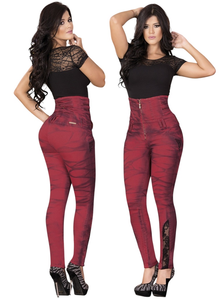 [00010110336T01] Women's Burgundy Corset High Waist Butt Lift Jeans 10336T